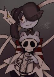 1girl alternate_breast_size colored_skin detached_collar detached_sleeves dress facing_viewer grey_background hair_over_one_eye half-closed_eyes highres holding holding_microphone leviathan_(skullgirls) looking_at_another microphone purple_hair purple_skin raphusovo red_eyes skeletal_arm skeletal_hand skullgirls smile solo squigly_(skullgirls) stitched_mouth stitches striped_sleeves upper_body zombie