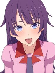 1girl bakemonogatari blue_eyes breasts collarbone commentary_request highres long_hair looking_at_viewer monogatari_(series) na-suke naoetsu_high_school_uniform necktie open_mouth portrait purple_hair purple_necktie school_uniform senjougahara_hitagi solo teeth tongue tongue_out upper_teeth_only