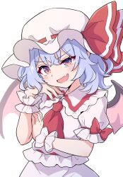 1girl :d ascot bat_wings blue_hair collared_shirt commentary_request fang frilled_shirt_collar frills hair_between_eyes haruki_reimari hat hat_ribbon mob_cap open_mouth puffy_short_sleeves puffy_sleeves red_ascot red_eyes red_nails red_ribbon remilia_scarlet ribbon shirt short_hair short_sleeves simple_background skin_fang smile solo touhou white_background white_hat wings wrist_cuffs