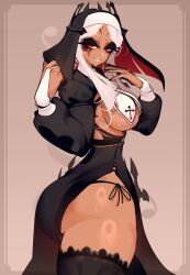 1girl alternate_costume ass aversa_(fire_emblem) black_eyeshadow black_headwear black_nails black_panties black_shrug black_skirt black_thighhighs breasts brown_background collar cowboy_shot dark-skinned_female dark_skin eyebrows eyelashes eyeliner eyeshadow facial_mark female_focus fingerless_gloves fingernails fire_emblem fire_emblem_awakening from_behind from_side gloves grin habit half-closed_eyes hand_in_panties hands_up high-waist_skirt highres huge_ass large_breasts long_fingernails long_hair looking_at_viewer looking_back makeup multicolored_headwear nail_polish naughty_face nintendo nun panties parted_lips red_eyes red_headwear revealing_clothes sachiko_shirayuki sharp_fingernails shrug_(clothing) side-tie_panties simple_background skirt smile solo teeth thick_thighs thighhighs thighs underwear white_collar white_gloves white_hair white_headwear