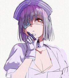 Rule 34 | 1girl, breasts, clipboard, eyepatch, gloves, gridman universe, gridman universe (movie), hat, holding, holding clipboard, large breasts, looking at viewer, nurse, nurse cap, official alternate costume, pen, purple hair, red eyes, risyo, shinjou akane, shirt, short hair, short sleeves, solo, upper body