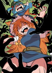 2girls absurdres belt blonde_hair blue_hair blue_shirt bow braid breasts brown_belt commentary_request cookie_(touhou) cowboy_shot dress flat_cap green_headwear grey_dress grey_headwear hair_between_eyes hair_bobbles hair_ornament hat highres kawashiro_nitori kirisame_marisa lemi_(cookie) long_hair long_sleeves meandros medium_breasts multiple_girls open_mouth panties pantyshot pov pov_hands shirt shitsumin short_hair single_braid snail_on_head touhou two_side_up underwear white_panties witch_hat yamin_(cookie) yellow_bow yellow_eyes