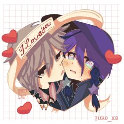1boy 1girl @_@ artist_name blue_capelet blue_jacket blue_shirt blush braid braided_sidelock capelet collared_shirt dot_nose empty_eyes english_text fingerless_gloves furrowed_brow gloves grey_eyes grey_hair hair_between_eyes hair_ornament hair_over_eyes hand_on_own_chest hand_up hat heart highres jacket looking_at_viewer no_pupils open_mouth original purple_eyes purple_hair purple_hat raisutea ribbon shirt sidelocks signature simple_background star_(symbol) star_hair_ornament sweatdrop tongue tongue_out twin_braids twitter_username white_background white_ribbon witch_hat