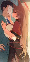 1boy 1girl animal_ears black_hair black_pantyhose black_skirt blue_archive blue_eyes blue_necktie blush breasts brown_hair diagonal-striped_clothes diagonal-striped_necktie doodle_sensei_(blue_archive) fox_ears fox_girl green_jacket green_pants hand_on_another&#039;s_face hasu202mm highres jacket large_breasts looking_at_another necktie open_mouth pants pantyhose purple_nails red_jacket rumi_(blue_archive) sensei_(blue_archive) shirt short_hair skirt striped_clothes sweat white_shirt