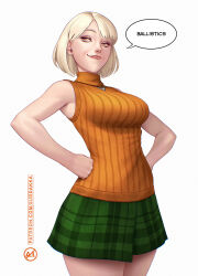 Rule 34 | 1girl, 2024, ashley graham, bare arms, bare shoulders, blonde hair, bob cut, breasts, cowboy shot, english text, female focus, green skirt, hands on own hips, highres, jewelry, looking at viewer, medium breasts, necklace, orange sweater, patreon username, plaid clothes, plaid skirt, resident evil, resident evil 4, resident evil 4 (remake), short hair, skirt, sleeveless, sleeveless turtleneck, smirk, solo, speech bubble, suddakka, sweater, turtleneck, turtleneck sweater, white background