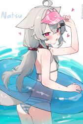 Rule 34 | animal ears, bikini, blue innertube, breasts, collar, ears down, extra ears, fang, fenrir (fenriluuu), grey bikini, grey hair, hair ornament, hairclip, halterneck, highres, long hair, looking at viewer, low twintails, original, parallel hairclips, red collar, rir-chan, skin fang, small breasts, striped bikini, striped clothes, swimsuit, tail, twintails, visor cap, wolf ears, wolf girl, wolf tail