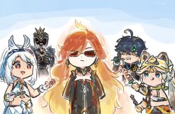 2boys 3girls :/ :q ahoge bandana black_hair blonde_hair blue_eyes bodysuit capitano_(genshin_impact) chibi chibi_only closed_mouth commentary drooling earrings food genshin_impact glowing glowing_hair green_eyes grey_hair hairband headband high_ponytail holding holding_food holding_skewer jewelry kachina_(genshin_impact) kinich_(genshin_impact) long_hair looking_at_another mavuika_(genshin_impact) mouth_drool mualani_(genshin_impact) multicolored_eyes multicolored_hair multiple_boys multiple_girls open_mouth orange_eyes parted_bangs ponytail red_eyes red_hair shish_kebab skewer smile sunglasses symbol-only_commentary tan tongue tongue_out very_long_hair xinzoruo zipper zipper_pull_tab