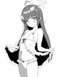 1girl absurdres ahoge blue_archive blush bright_pupils flat_chest halo highres leaf leaf_on_head lifting_own_clothes loli long_hair looking_at_viewer miyu_(blue_archive) mrhunking navel simple_background solo sweatdrop thighs white_background