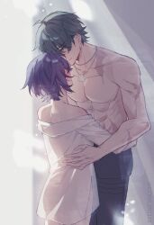 Rule 34 | 1boy, 1girl, abs, absurdres, bare shoulders, belle (zenless zone zero), black hair, blue hair, blush, ccxvi 201116, green hair, hair between eyes, highres, jewelry, lighter (zenless zone zero), muscular, muscular male, necklace, off shoulder, scar, scar on arm, scar on chest, scar on shoulder, shirt, short hair, topless male, white shirt, zenless zone zero