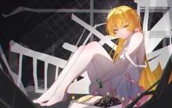 1girl absurdres artist_name bakemonogatari bare_legs bare_shoulders barefoot blonde_hair bracelet chain-link_fence closed_mouth commentary desk donut dress feet fence food from_side hair_between_eyes highres jewelry knees_up long_hair looking_at_viewer monogatari_(series) oshino_shinobu pastry_box pointy_ears school_desk sleeveless sleeveless_dress solo strap_slip toes very_long_hair voi_271 white_dress yellow_eyes