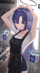 1girl absurdres alternate_costume apron arms_up black_apron blue_archive blush commentary_request drone hair_tie_in_mouth halo highres huran_tea indoors kitchen ladle long_hair looking_at_viewer mechanical_halo mouth_hold purple_eyes purple_hair shirt short_shorts short_sleeves shorts solo tying_hair white_shirt yuuka_(blue_archive)
