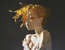 Rule 34 | 1girl, annie leonhart, bare shoulders, blonde hair, blue eyes, breasts, cleavage, commentary, dino (dinoartforame), english commentary, facial mark, grey background, half-closed eyes, half updo, highres, holding own arm, lens flare, looking down, medium breasts, parted lips, shingeki no kyojin, short hair, sidelighting, sidelocks, solo, teeth, topless female, upper teeth only