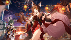 2girls :d aerial_fireworks animal_ear_fluff animal_ears architecture bare_shoulders bead_necklace beads breasts brown_hair can chicken_nuggets china_dress chinese_clothes dress drink_can east_asian_architecture fireworks floating_hair fox_ears fox_girl fox_tail fugue_(honkai:_star_rail) fugue_(jiaduobao)_(honkai:_star_rail) fur_trim green_eyes green_hair hair_between_eyes hair_ornament hair_stick highres holding holding_can honkai:_star_rail honkai_(series) jewelry jigboom lantern large_breasts long_hair long_sleeves looking_at_viewer medium_breasts miyoushe_watermark multiple_girls multiple_tails necklace night night_sky open_mouth outdoors paper_lantern pink_eyes red_dress side_slit sky smile standing star_(sky) tail tanghulu thighs tingyun_(honkai:_star_rail) very_long_hair watermark wide_sleeves yukong_(honkai:_star_rail)