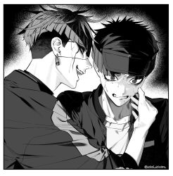 2boys border clenched_teeth crying crying_with_eyes_open earrings eyepatch facial_mark greyscale hand_up haori hat highres jacket japanese_clothes jewelry male_focus maruko_gaku mini_(mini_ma_list) monochrome multiple_boys omokage_yugamu open_clothes open_jacket piercing scared shirt short_hair smile sweat tears teeth the_hundred_line_-last_defense_academy- very_short_hair