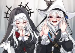 2girls arknights black_dress black_veil closed_eyes clothing_cutout dress dual_persona facing_viewer flower hat highres juliet_sleeves long_hair long_sleeves looking_at_viewer middle_finger multiple_girls open_mouth own_hands_clasped own_hands_together photo-referenced puffy_sleeves red_eyes rose shoulder_cutout specter_(arknights) specter_the_unchained_(arknights) tsume3mai two-tone_hat upper_body veil white_hair