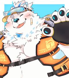 1boy animal_ear_fluff animal_ears bandaid bandaid_on_cheek bandaid_on_face bara blue_background blush border claws dog_boy dog_ears dog_nose fangs fangs_out fat fingerless_gloves furry furry_male gloves goggles goggles_on_headwear hashtag-only_commentary kitakuma_08 life_vest live_a_hero looking_at_viewer male_focus multicolored_hair official_alternate_costume one_eye_closed pawpads pectoral_cleavage pectorals plump smile streaked_hair tongue tongue_out visor_cap white_border yohack