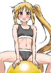 1girl ahoge ball blonde_hair blush bocchi_the_rock! breasts exercise_ball highres ijichi_nijika long_hair orange_eyes panties riokasen side_ponytail small_breasts solo sports_bra spread_legs sweat underwear underwear_only white_background