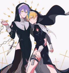 Rule 34 | 2boys, black dress, blonde hair, chain, closed mouth, cowboy shot, crossdressing, crossdressing (mtf), double-parted bangs, dress, feet out of frame, floating headgear, frown, gag1tdiucvpteok, gun, hair between eyes, handgun, headgear, highres, holding, holding weapon, holster, kamishiro rui, looking at viewer, male focus, multicolored hair, multiple boys, nun, over-kneehighs, project sekai, smile, streaked hair, tenma tsukasa, thigh holster, thighhighs, weapon, white background, yellow eyes