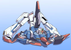 absurdres armor full_armor full_body gradient_background green_eyes grimace gundam hairband highres jack-o&#039;_challenge kaneko_naoya mecha mecha_focus meme mobile_suit no_humans parody robot science_fiction solo spread_legs top-down_bottom-up v-fin what wide_spread_legs zeta_gundam zeta_gundam_(mobile_suit)