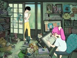1boy 1girl black_hair book chair clock computer couple doll drawing_tablet glasses hatsune_miku hello_kitty hello_kitty_(character) highres holding holding_stylus howl_no_ugoku_shiro indoors kaname_madoka kaname_madoka_(magical_girl) kiiroitori loaded_interior long_hair mahou_shoujo_madoka_magica mahou_shoujo_madoka_magica_(anime) naganohara_mio nichijou original otaku otaku_room otaple pants pink_hair ponytail procreate_(medium) red-framed_eyewear rilakkuma ring_411 sakura_miku san-x sanrio screen shelf shirt short_hair short_sleeves sitting stuffed_animal stuffed_toy stylus teddy_bear tonari_no_totoro totoro vocaloid walking white_shirt yellow_pants youtube