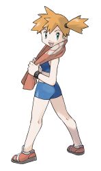 1girl absurdres badge badge_(pokemon) bikini blue_bikini blue_shorts cascade_badge full_body green_eyes highres looking_back midriff misty_(pokemon) nintendo no_socks official_art orange_hair photoshop_(medium) pokemon pokemon_frlg shoes shorts side_ponytail sneakers solo sports_bikini standing sugimori_ken swimsuit tank_top third-party_source towel towel_around_neck transparent_background wristband
