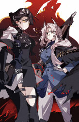 Rule 34 | 2girls, absurdres, beret, black boots, black cape, black dress, black gloves, black hair, black hat, blue jacket, boots, cape, chin strap, cowboy shot, dress, gloves, green eyes, grey hair, grey horns, gun, hand on own hip, hat, highres, hl (iamawhitehippo), holster, horns, jacket, liang yue (reverse:1999), low twintails, military uniform, mole, mole above eye, multiple girls, pants, red background, reverse:1999, rifle, rifle cartridge, sentinel (reverse:1999), short dress, side cape, standing, thigh boots, twintails, weapon, white cape, white pants, yellow eyes