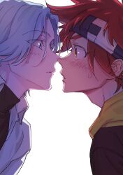 2boys black_shirt blue_eyes blue_hair blush closed_mouth collared_shirt curtained_hair from_side hair_between_eyes hasegawa_langa headband high_collar hood hoodie kyan_reki looking_at_another male_focus multiple_boys red_hair shirt short_hair simple_background sk8_the_infinity upper_body white_background white_shirt wwrin_sk8 yaoi yellow_eyes