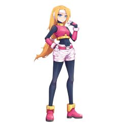 1girl absurdres belt belted_shorts blonde_hair blue_eyes bodystocking boots breasts cargo_shorts commission commissioner_upload covered_navel crop_top cynthia_(mega_man_zx_zeta) full_body gauntlets gloves hand_on_own_hip headband highres kiauwrenn long_hair mechanical_ears mega_man_(series) mega_man_zx non-web_source original ponytail shorts sleeveless small_breasts smirk smug thighs transparent_background