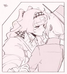 Rule 34 | 2girls, absurdres, blush, checkered hairband, coat, dress, ear blush, gloves, greyscale, hair bun, hairband, hand on another&#039;s arm, hat, highres, long hair, monochrome, multiple girls, murmew, parted lips, reverse:1999, single side bun, sonetto (reverse:1999), top hat, two side up, vertin (reverse:1999)