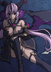 Rule 34 | 1girl, absurdres, aoi tabane, bare shoulders, black thighhighs, breasts, bridal gauntlets, cleavage, dark-skinned female, dark skin, demon girl, demon wings, detached sleeves, hair ornament, hand on own knee, highres, horns, kouyoku senki exs-tia, large breasts, long hair, looking at viewer, luxtia, panties, parted lips, pink hair, pointy ears, purple eyes, purple hair, sitting, solo, tail, thigh strap, thighhighs, twintails, underwear, very long hair, wings