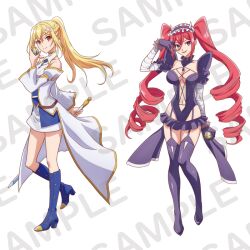 Rule 34 | 2girls, anime coloring, arm up, bandaged arm, bandages, blonde hair, boots, breasts, cleavage, closed mouth, dratena belbury, dress, drill hair, from side, full body, garter straps, gloves, hair between eyes, hairband, hand in own hair, hazure skill &quot;kinomi master&quot;: skill no mi (tabetara shinu) wo mugen ni taberareru you ni natta ken ni tsuite, holding, holding sword, holding weapon, horns, large breasts, lena floria, long hair, looking at viewer, microskirt, miyadani risa, multiple girls, open mouth, ponytail, purple dress, purple eyes, red hair, sample watermark, simple background, skirt, smile, standing, standing on one leg, sword, tachi-e, twin drills, twintails, very long hair, watermark, weapon, white background