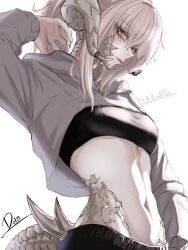1girl artist_name au_ra black_pants cropped_hoodie dora_reol dragon_girl dragon_horns dragon_tail final_fantasy final_fantasy_xiv grey_hair grey_hoodie highres hood hoodie horns long_hair midriff navel pants red_eyes scales simple_background solo sports_bra tail white_background