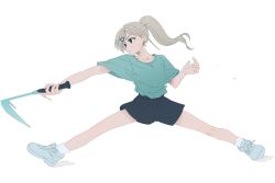 1girl blue_eyes ch1ba12m full_body grey_hair hisakawa_hayate idolmaster idolmaster_cinderella_girls long_hair ponytail shoes shorts simple_background sneakers solo spread_legs sweat white_background