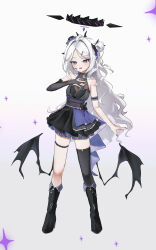 Rule 34 | 1girl, absurdres, ahoge, alternate costume, alternate hairstyle, bare shoulders, black boots, black gloves, black thighhighs, blue archive, boots, demon girl, demon horns, demon wings, elbow gloves, fingerless gloves, fluffy hair, gloves, grey hair, hair bun, highres, hina (blue archive), hina (dress) (blue archive), horns, knee boots, looking at viewer, microphone, mienpp, parted bangs, purple eyes, purple nails, single elbow glove, single side bun, single thighhigh, solo, thigh strap, thighhighs, wings