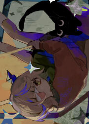 Rule 34 | 1girl, absurdres, bandaged head, bandages, black horns, blonde hair, blunt bangs, cat, cellphone, collared shirt, expressionless, eyepatch, green eyes, green neckerchief, green skirt, highres, horns, kneehighs, long sleeves, looking at viewer, miniskirt, neckerchief, phone, phone eyepatch, pink sweater, puffy sleeves, ruru (shinsei kamattechan), shinsei kamattechan, shirt, short hair, single horn, skirt, slept sui, socks, sweater, upside-down, white shirt, white socks