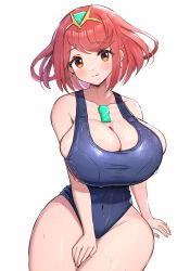 1girl alternate_costume blue_one-piece_swimsuit blush bob_cut breasts chest_jewel cleavage closed_mouth competition_school_swimsuit core_crystal_(xenoblade) covered_navel earrings gem gonzarez headpiece highres jewelry large_breasts looking_at_viewer navel new_school_swimsuit one-piece_swimsuit pyra_(xenoblade) red_eyes red_hair school_swimsuit short_hair smile solo swept_bangs swimsuit thighs tiara xenoblade_chronicles_(series) xenoblade_chronicles_2