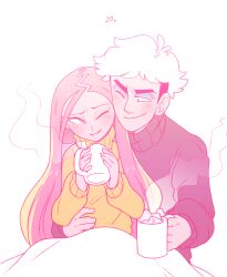 1boy 1girl alternate_costume art_trade blonde_hair blush cup eyeshadow food guzma_(pokemon) hetero holding holding_cup looking_at_another makeup marshmallow multicolored_hair nintendo one_eye_closed pink_hair plumeria_(pokemon) pokemon pokemon_sm smile sweater team_skull two-tone_hair vergolophus white_hair