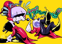 Rule 34 | 1boy, absurdres, all fours, ant tenna, black pants, crt, deltarune, flying teardrops, full body, gloves, highres, lying, male focus, multiple views, necktie, object head, on back, open mouth, pants, pointy nose, shaded face, shadow, shoes, squatting, tailcoat, vn35214, white gloves, yellow background, yellow necktie, yellow shoes