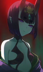 1girl absurdres bare_shoulders bob_cut breasts collarbone eyeliner fate/grand_order fate_(series) hair_between_eyes headpiece highres horns izanaware_game japanese_clothes kimono looking_at_viewer makeup oni open_clothes open_kimono parted_lips pointy_ears purple_eyes purple_hair purple_kimono revealing_clothes short_eyebrows short_hair shuten_douji_(fate) skin-covered_horns small_breasts solo upper_body