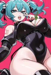1girl absurdres aqua_eyes aqua_hair black_nails boots breasts cleavage goth_fashion hatsune_miku highres latex latex_boots latex_leotard leotard looking_at_viewer makeup mascara melonpuff piercing simple_background solo tongue tongue_out tongue_piercing twintails v vocaloid