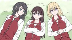 3girls akni bang_dream! bang_dream!_it&#039;s_mygo!!!!! black_hair blonde_hair blue_eyes brown_hair commentary_request crossed_arms gym_uniform jacket korean_commentary long_hair long_sleeves lying medium_hair misumi_uika mole mole_under_eye multiple_girls on_back purple_eyes red_jacket shiina_taki sweat yahata_umiri zipper zipper_pull_tab