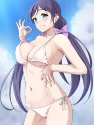 1girl absurdres amano_lier aqua_eyes bikini blue_sky blush bow breasts cleavage cloud collarbone commentary_request cowboy_shot day hair_bow halterneck highres large_breasts long_hair looking_at_viewer love_live! love_live!_school_idol_project low_twintails micro_bikini navel purple_bow purple_hair side-tie_bikini_bottom sky solo stomach strap_pull swimsuit tojo_nozomi twintails twitter_username very_long_hair white_bikini