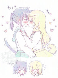 2girls absurdres animal_ears black_hair blonde_hair blue_bow blue_bowtie blue_hair blue_sailor_collar blue_skirt bow bowtie cat_ears cat_girl cat_tail closed_eyes closed_mouth commentary_request dog_ears dog_girl dog_tail flying_sweatdrops hand_on_another&#039;s_shoulder heart highres imminent_kiss licking_lips long_hair multiple_girls open_mouth original ponytail sailor_collar simple_background skirt suspender_skirt suspenders tail tongue tongue_out watermark white_background yaruyaru_art yuri
