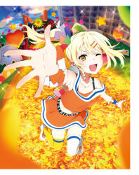 1girl artbook asymmetrical_legwear belt black_belt blonde_hair bow braid cheerleader collarbone fang gyaru hair_ornament hairclip heart heart_necklace highres jewelry love_live! love_live!_nijigasaki_high_school_idol_club medium_hair mismatched_legwear miyashita_ai necklace non-web_source official_art one_eye_closed orange_eyes orange_skirt pom_pom_(cheerleading) saiko_heart_(love_live!) skirt solo tank_top thighhighs twintails