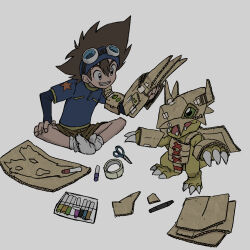 :d agumon blue_shirt brown_hair carton claws cosplay digimon digimon_adventure goggles goggles_on_head green_eyes grey_background grin hair_between_eyes layered_sleeves long_sleeves open_mouth pen scissors shirt short_over_long_sleeves short_sleeves shorts simple_background sitting smile socks standing takeuchi_(rtakeuchi1535) teeth wargreymon wargreymon_(cosplay) yagami_taichi