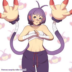 1girl abs absurdres ambipom antenna_hair arched_bangs arm_wrap bandaged_chest bare_shoulders black_eyes bright_pupils commentary cowboy_shot extra_arms eyelashes flat_chest gen_4_pokemon hands_up highres light_blush navel nintendo pants parted_lips peachkuns personification pokemon purple_hair purple_pants smile solo white_background white_pupils