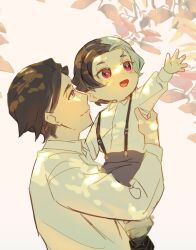 2boys :d amethio_(pokemon) black_shoes bright_pupils carrying cervantis_(pokemon) collared_shirt copituji father_and_son grey_pants happy highres looking_up male_focus multicolored_hair multiple_boys nintendo open_mouth outstretched_arm pants pokemon pokemon_(anime) pokemon_horizons purple_eyes shirt shoes short_hair smile spread_fingers suspenders tongue two-tone_hair white_background white_pupils white_shirt