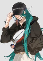 1girl alternate_costume aqua_hair baseball_cap black_hat black_hoodie character_charm charm_(object) covered_eyes cowboy_shot drawstring facing_viewer fanny_pack geeta_(pokemon) hair_down hand_in_pocket hand_on_headwear hat hat_over_eyes highres hood hood_down hoodie jewelry long_hair nanaasuzy nintendo open_mouth paldean_wooper pants pokemon pokemon_sv rika_(pokemon) ring simple_background smile solo white_background white_pants