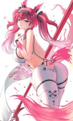 1girl absurdres ass back bodysuit breasts commentary from_side gradient_hair hairband hashtag-only_commentary headgear highres holding holding_polearm holding_weapon large_breasts long_hair looking_at_viewer lupa_(wuthering_waves) metal_hairband multicolored_hair p-tomi parted_lips pink_hair polearm red_pupils smile solo tacet_mark_(wuthering_waves) tail twintails weapon white_bodysuit wolf_tail wuthering_waves yellow_eyes