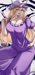 Rule 34 | 1girl, absurdres, blonde hair, bow, breasts, cleavage, commentary request, dress, folding fan, frilled dress, frills, hair bow, hand fan, hand on own hip, hat, hat ribbon, highres, holding, holding fan, large breasts, long hair, looking at viewer, mirufui, mob cap, open mouth, purple dress, ribbon, short sleeves, smile, solo, touhou, yakumo yukari, yellow eyes